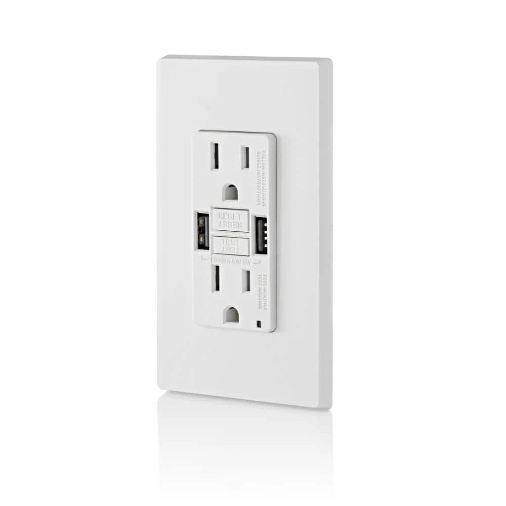Leviton 15 Amp Smartlock Pro Self-Test GFCI Combination 24-Watt (4.8 Amp) Type A USB In-Wall Charger Duplex Outlet, White 4 Leviton 15 Amp Smartlock Pro Self-Test GFCI Combination 24-Watt (4.8 Amp) Type A USB In-Wall Charger Duplex Outlet, White - Image 4