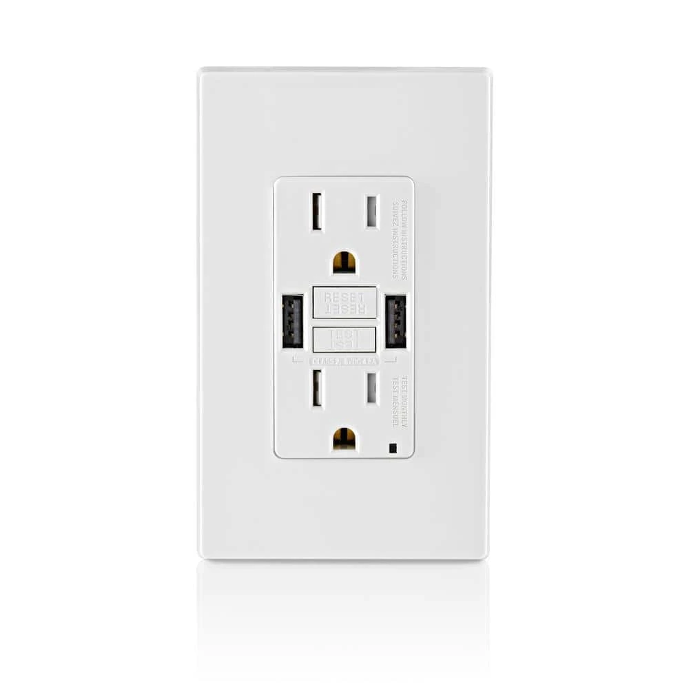 Leviton 15 Amp Smartlock Pro Self-Test GFCI Combination 24-Watt (4.8 Amp) Type A USB In-Wall Charger Duplex Outlet, White 3 Leviton 15 Amp Smartlock Pro Self-Test GFCI Combination 24-Watt (4.8 Amp) Type A USB In-Wall Charger Duplex Outlet, White - Image 3