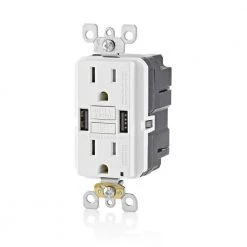 Leviton 15 Amp Smartlock Pro Self-Test GFCI Combination 24-Watt (4.8 Amp) Type A USB In-Wall Charger Duplex Outlet, White