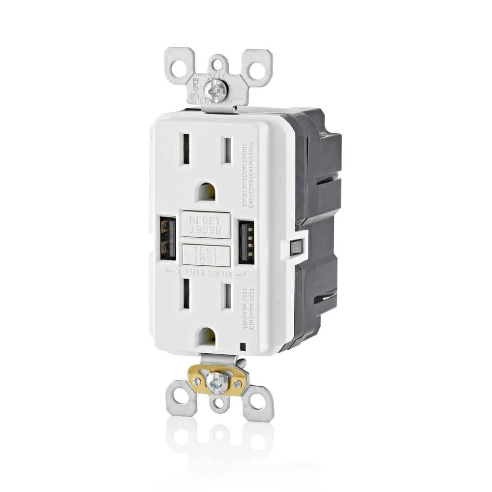 Leviton 15 Amp Smartlock Pro Self-Test GFCI Combination 24-Watt (4.8 Amp) Type A USB In-Wall Charger Duplex Outlet, White 1 Leviton 15 Amp Smartlock Pro Self-Test GFCI Combination 24-Watt (4.8 Amp) Type A USB In-Wall Charger Duplex Outlet, White