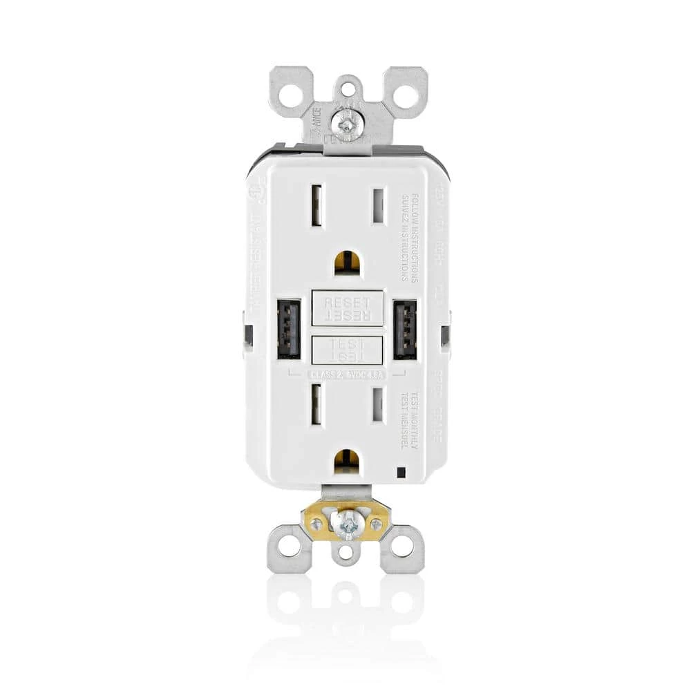 Leviton 15 Amp Smartlock Pro Self-Test GFCI Combination 24-Watt (4.8 Amp) Type A USB In-Wall Charger Duplex Outlet, White 2 Leviton 15 Amp Smartlock Pro Self-Test GFCI Combination 24-Watt (4.8 Amp) Type A USB In-Wall Charger Duplex Outlet, White - Image 2