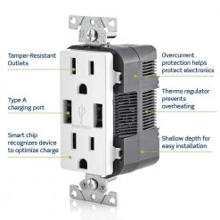 Leviton 3.6A USB Dual Type A In-Wall Charger with 15 Amp Tamper-Resistant Outlets, White -Surge Protectors Sales Store white leviton electrical outlets receptacles r02 t5632 0bw 1f 1000