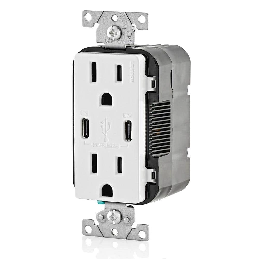 Leviton 15 Amp White Duplex Tamper-Resistant Outlets with 6 Amp USB Dual Type-C Power Delivery In-Wall Chargers 2 Leviton 15 Amp White Duplex Tamper-Resistant Outlets with 6 Amp USB Dual Type-C Power Delivery In-Wall Chargers - Image 2