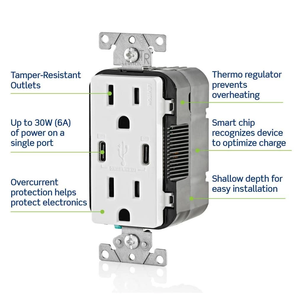 Leviton 15 Amp White Duplex Tamper-Resistant Outlets with 6 Amp USB Dual Type-C Power Delivery In-Wall Chargers 7 Leviton 15 Amp White Duplex Tamper-Resistant Outlets with 6 Amp USB Dual Type-C Power Delivery In-Wall Chargers - Image 7