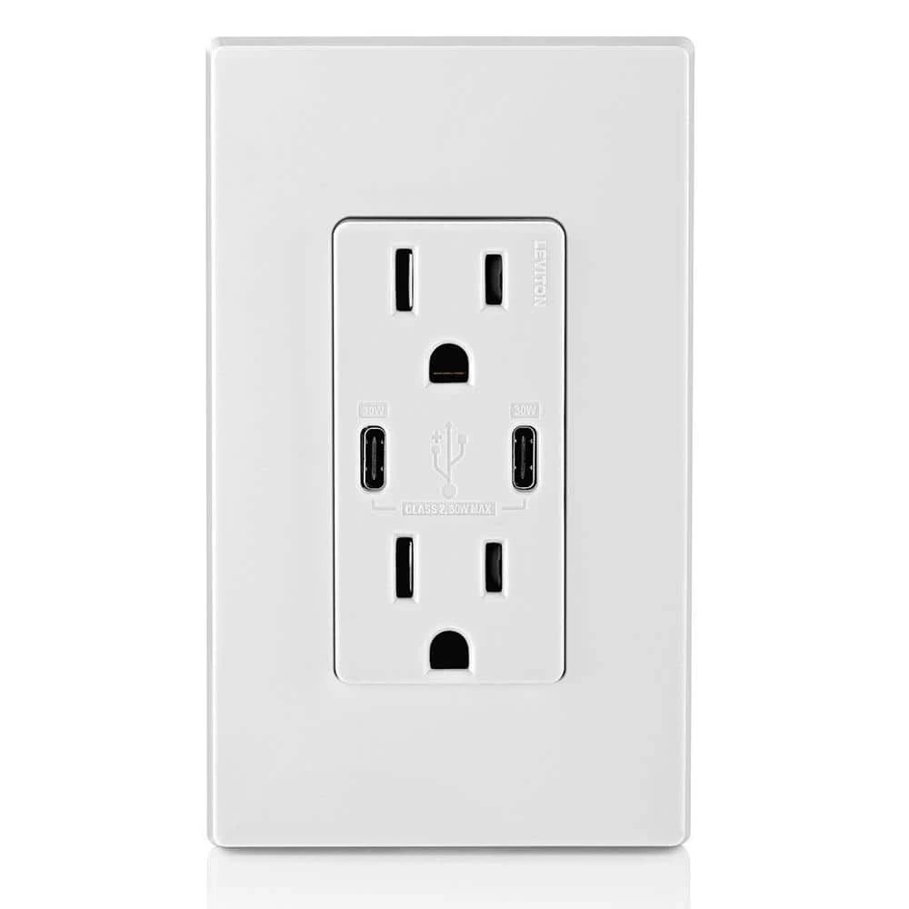 Leviton 15 Amp White Duplex Tamper-Resistant Outlets with 6 Amp USB Dual Type-C Power Delivery In-Wall Chargers 4 Leviton 15 Amp White Duplex Tamper-Resistant Outlets with 6 Amp USB Dual Type-C Power Delivery In-Wall Chargers - Image 4