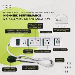 Power By Go Green 3 Outlets Surge Protector w/ 2 USB Ports -Surge Protectors Sales Store white power by go green surge protectors gg 13103usb 1f 1000