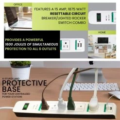 Power By Go Green 6 Outlet Surge Protector w/ 6 ft. Heavy Duty Cord -Surge Protectors Sales Store white power by go green surge protectors gg 16326usb 76 1000