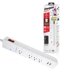 Energizer Smart Wi-Fi 4-Outlet 2 USB Ports Power Strip Surge Protector, 1,200 Joules, Voice Control